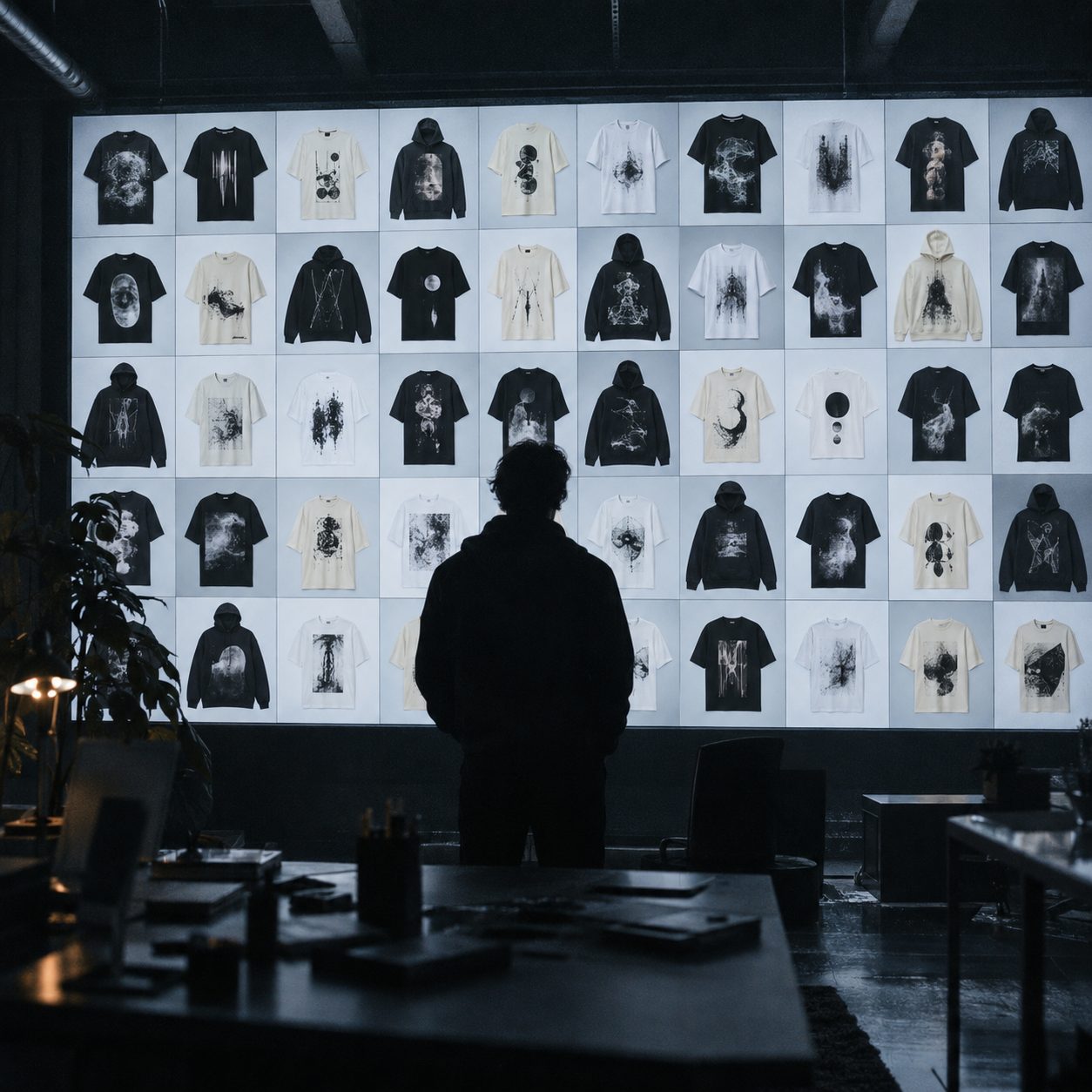 Wall of AI-generated apparel mockups